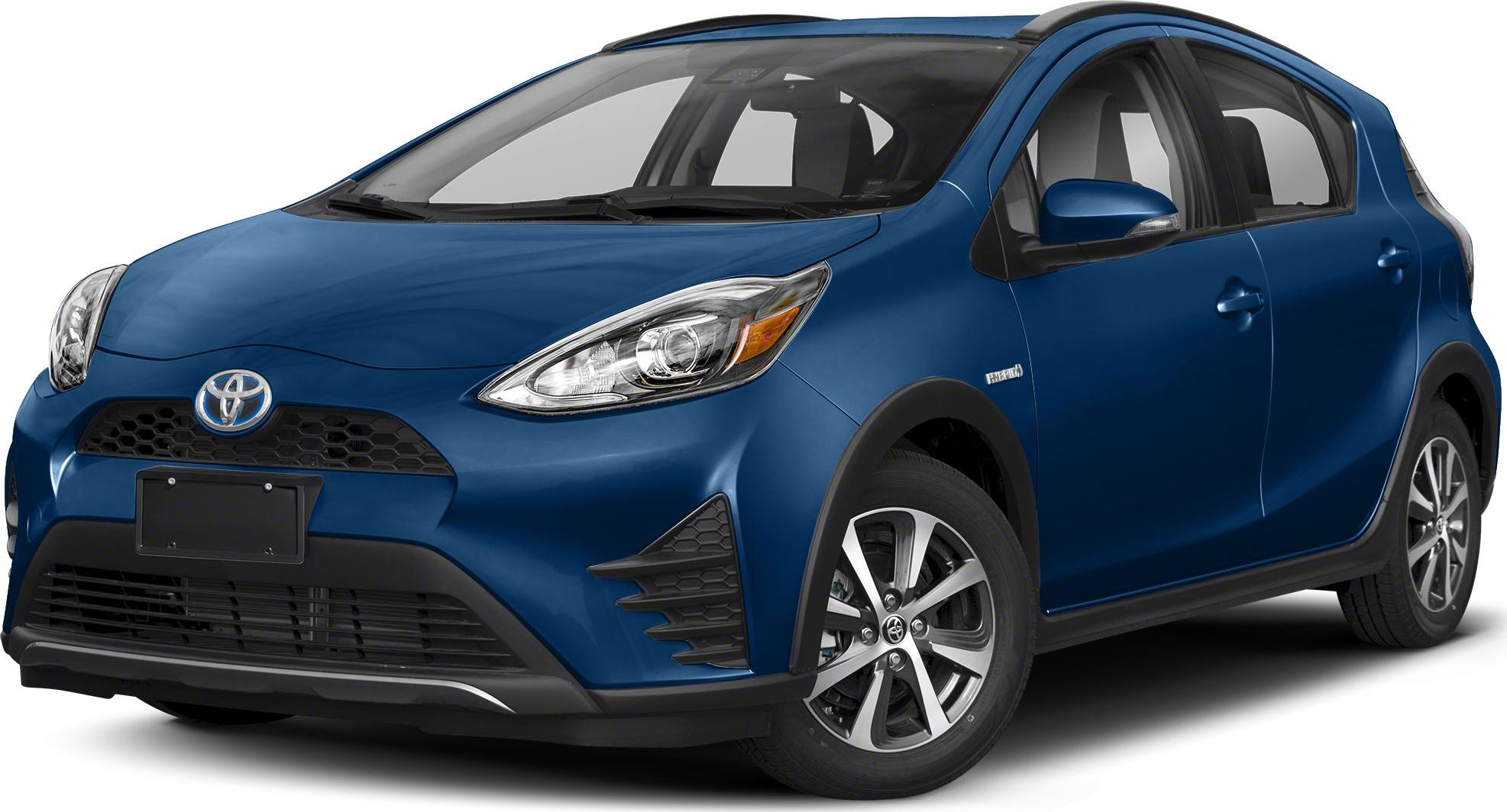 Front-side view of a blue hatchback with hybrid emblem and alloy wheels