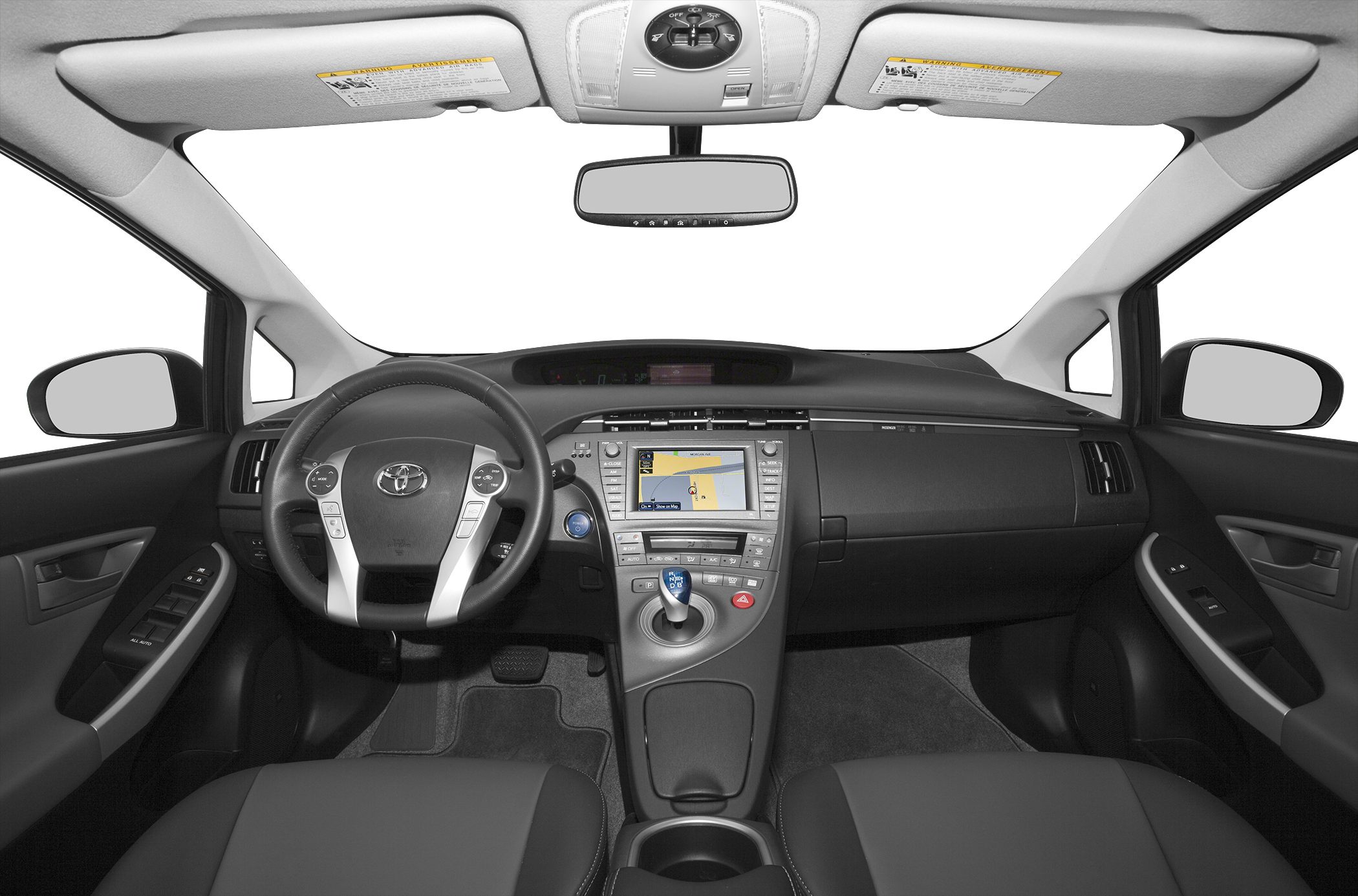 Modern car dashboard, multifunction steering wheel, central navigation display