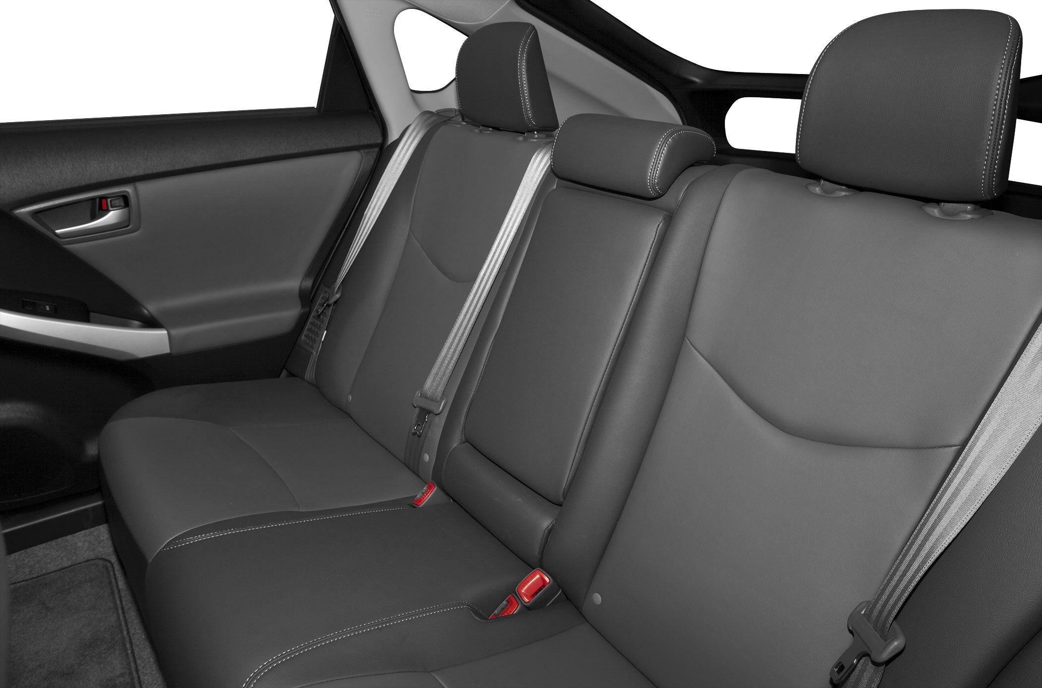 Rear seat interior with leather upholstery and seat belts
