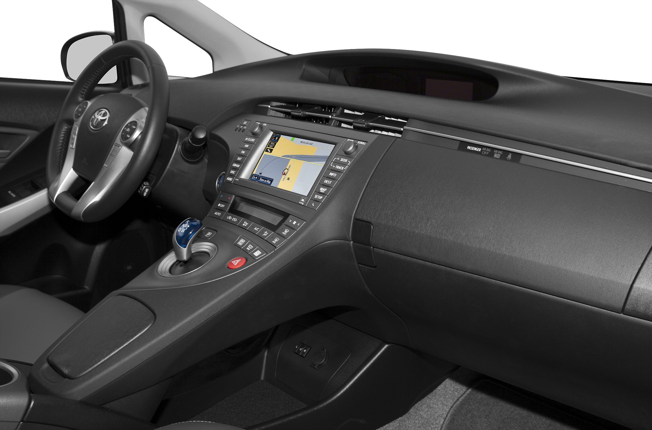 Dashboard with navigation screen and center console with gear selector