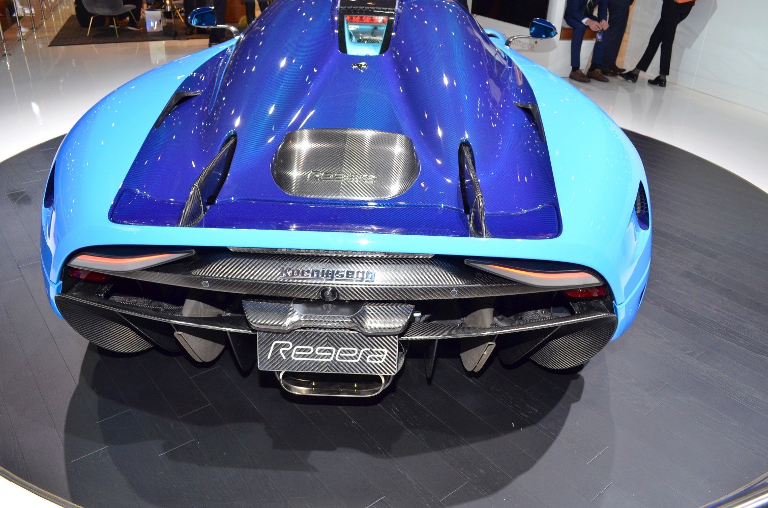 Rear view with carbon fiber components and aerodynamic diffuser