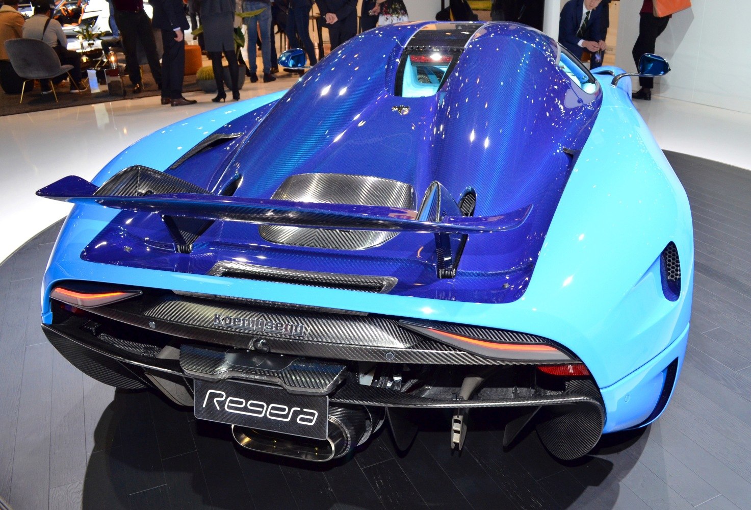 Blue rear with carbon fiber spoiler and diffuser