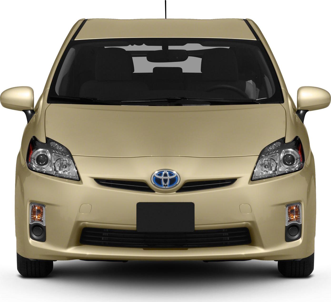 Hybrid car front view with distinctive headlights and grille design.