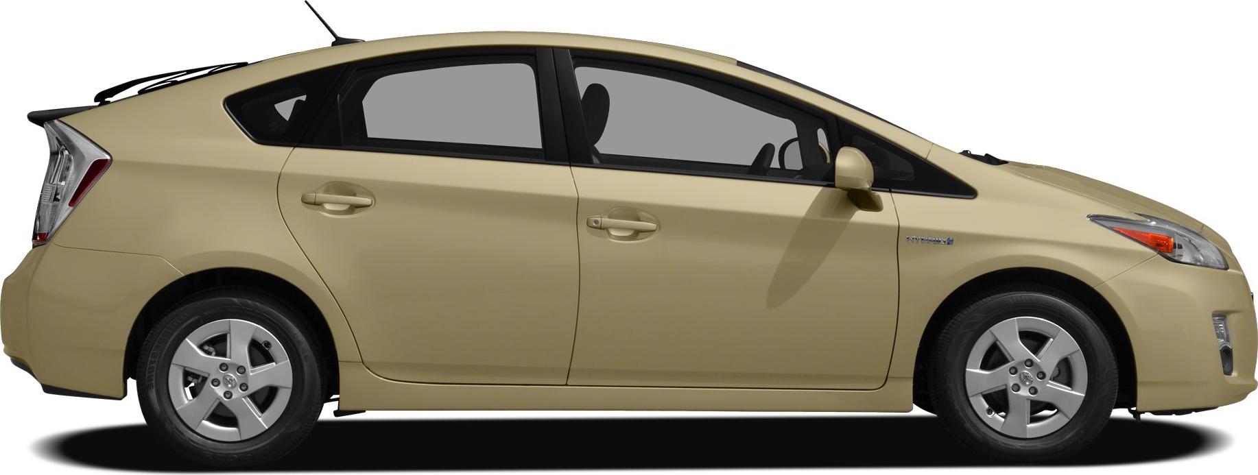 Side profile of a hybrid sedan with aerodynamic shape and alloy wheels.