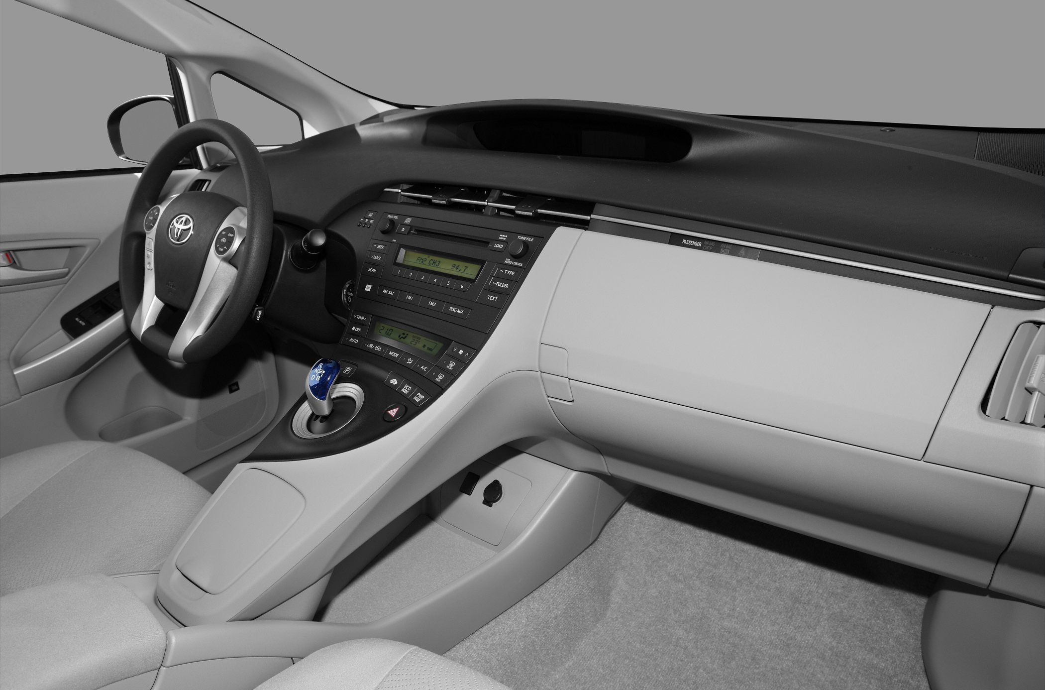 Interior dashboard and blue gear shift knob with integrated control panel