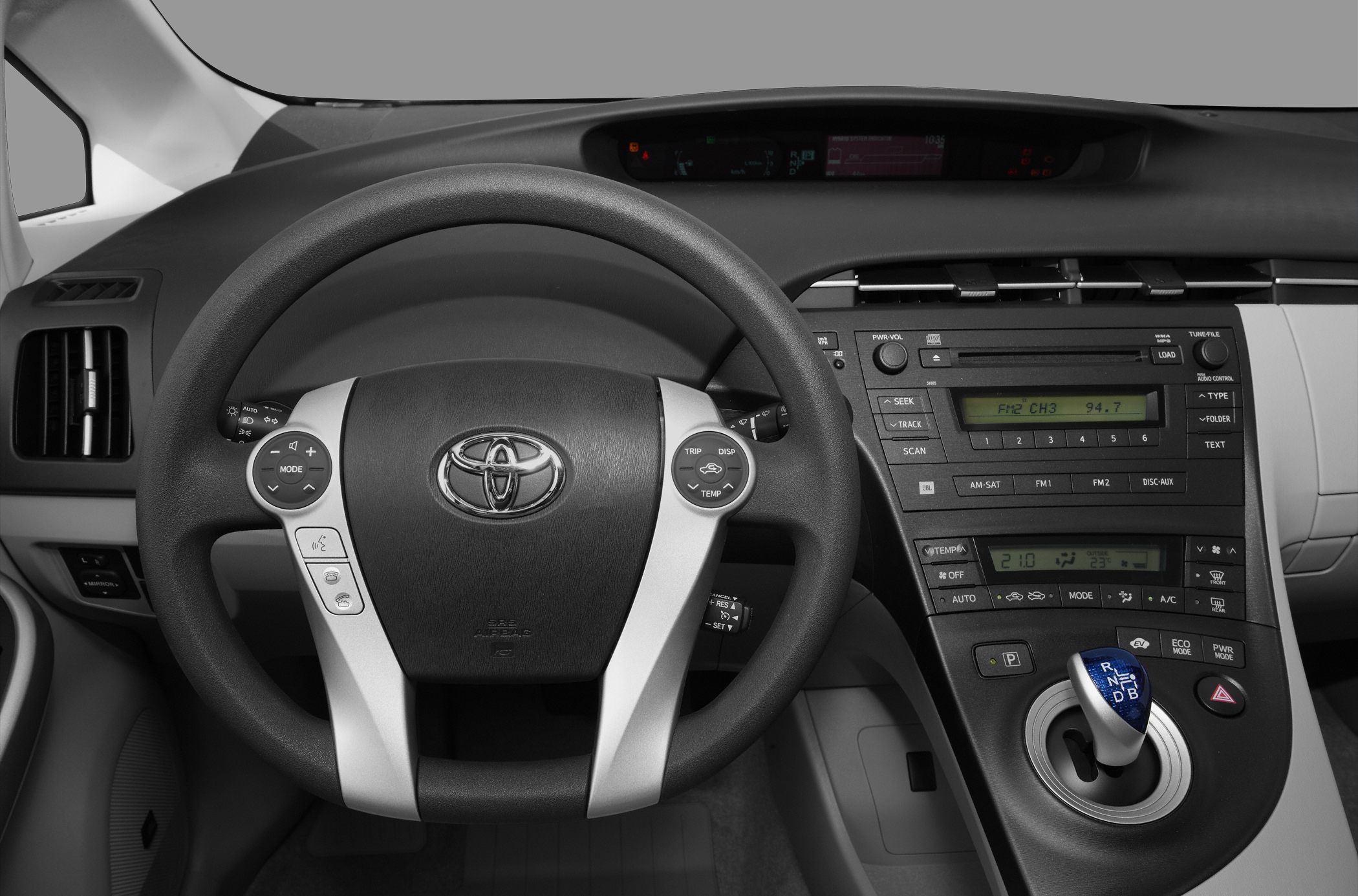 Dashboard and steering wheel with gear selector and climate control