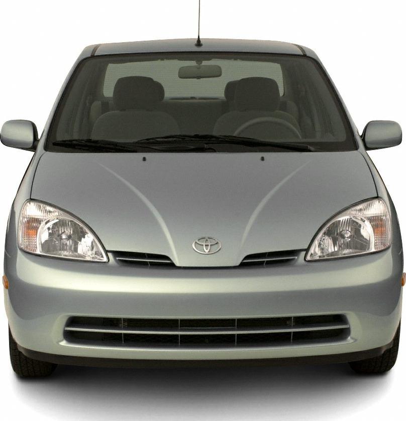 Front view with distinct headlights and grille of a compact hybrid vehicle.