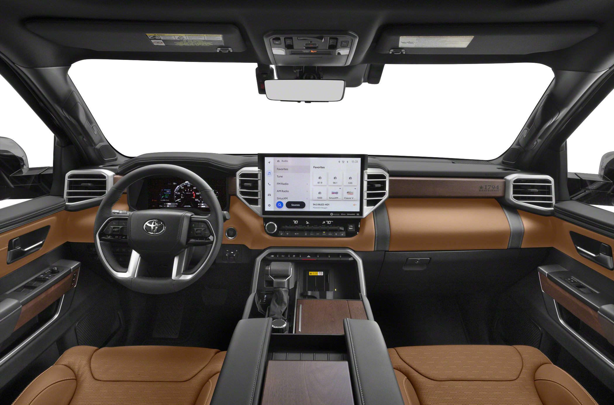 Dashboard, infotainment screen, leather and wood trim interior cockpit