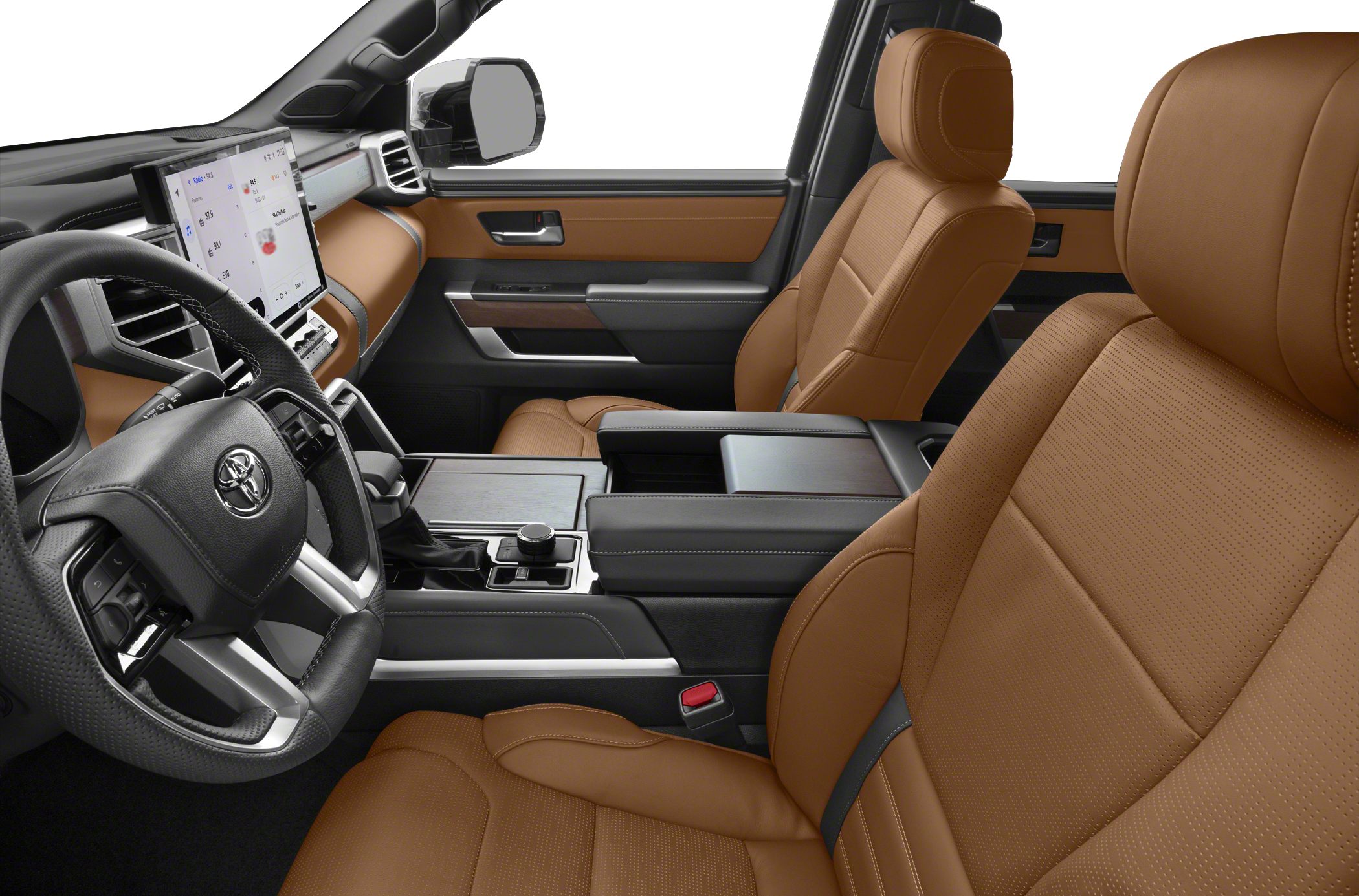Brown leather seats and modern dashboard with infotainment system