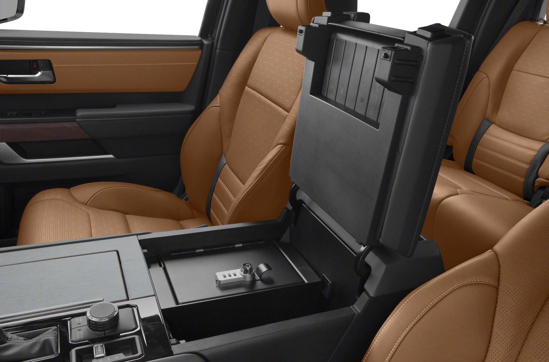 Open center console with storage box and brown leather seats