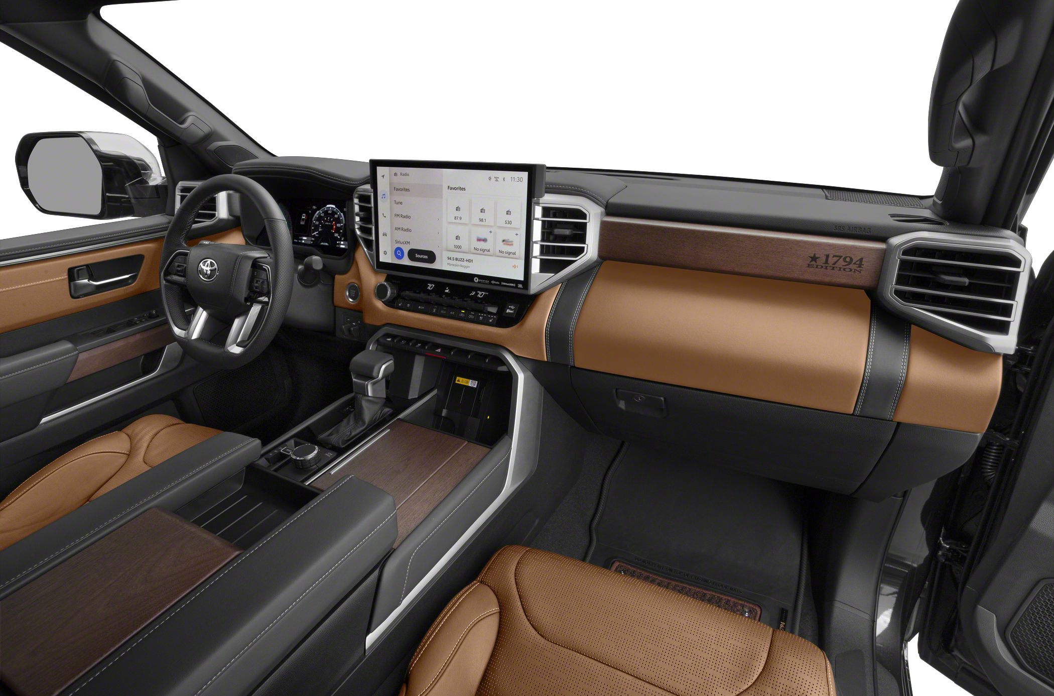 Leather seats, digital dashboard, touchscreen infotainment, wood trim, ergonomic design