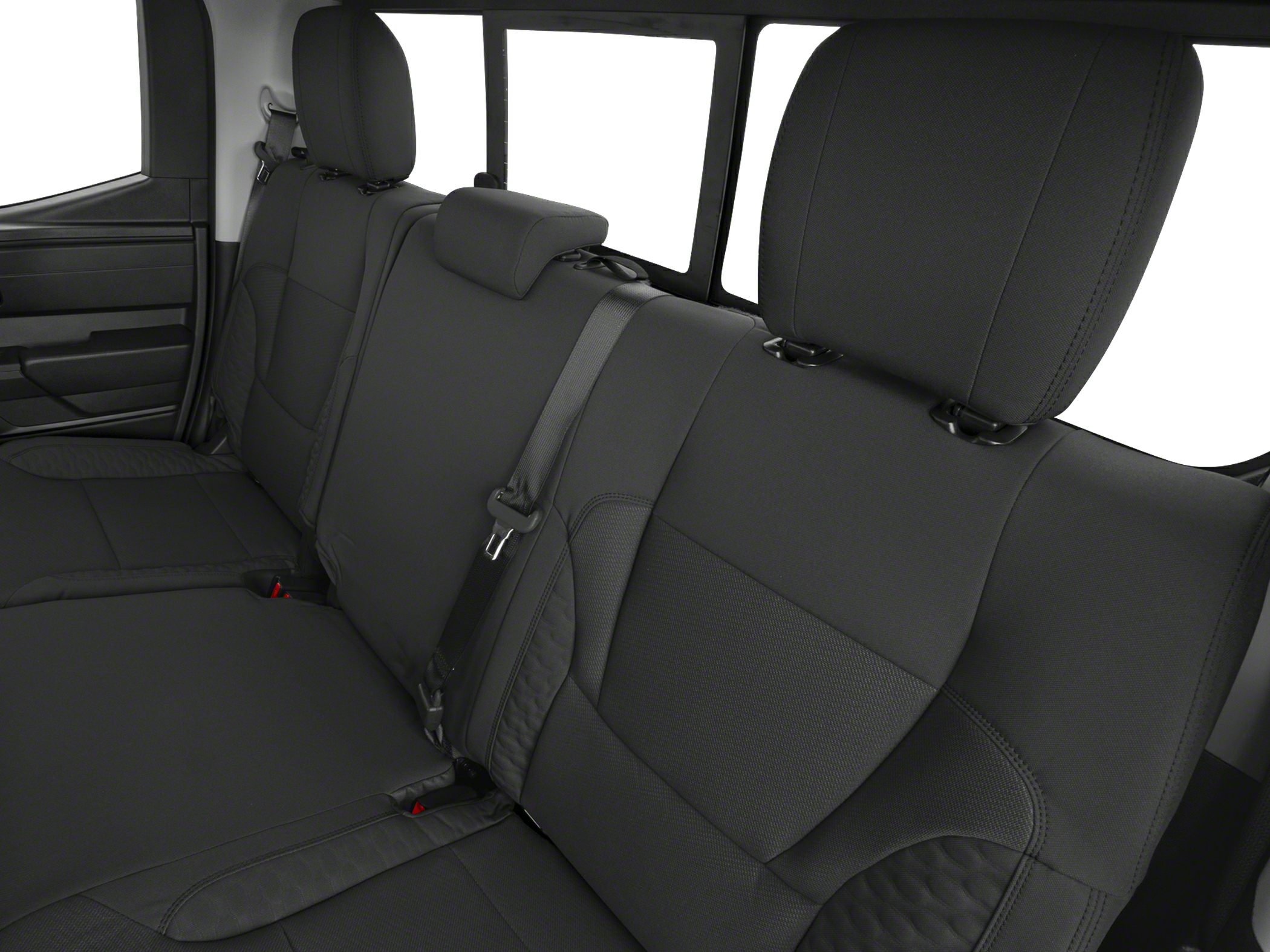 Rear seat with fabric upholstery, headrests, and seatbelts