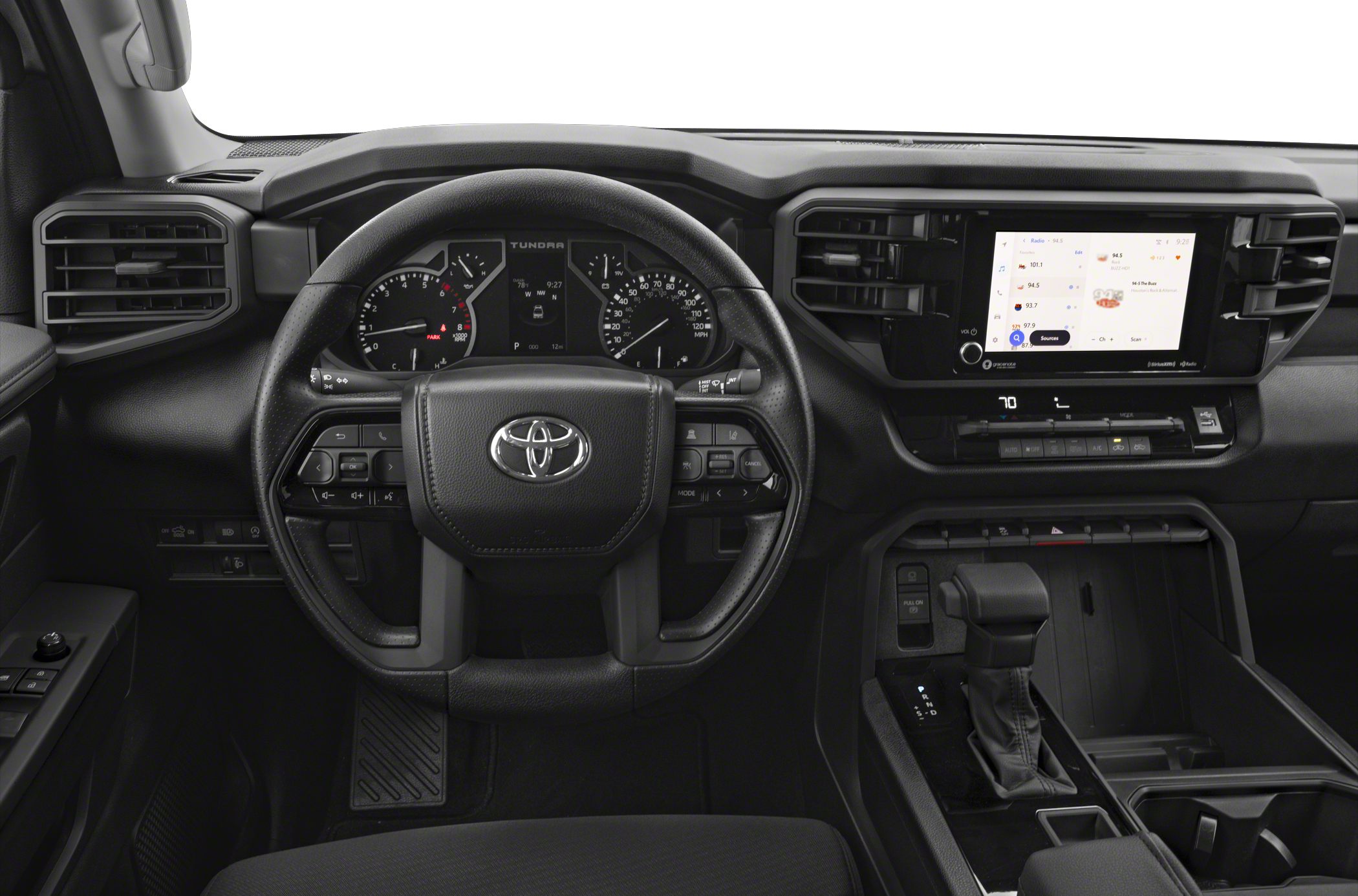 Modern dashboard and steering wheel with infotainment screen