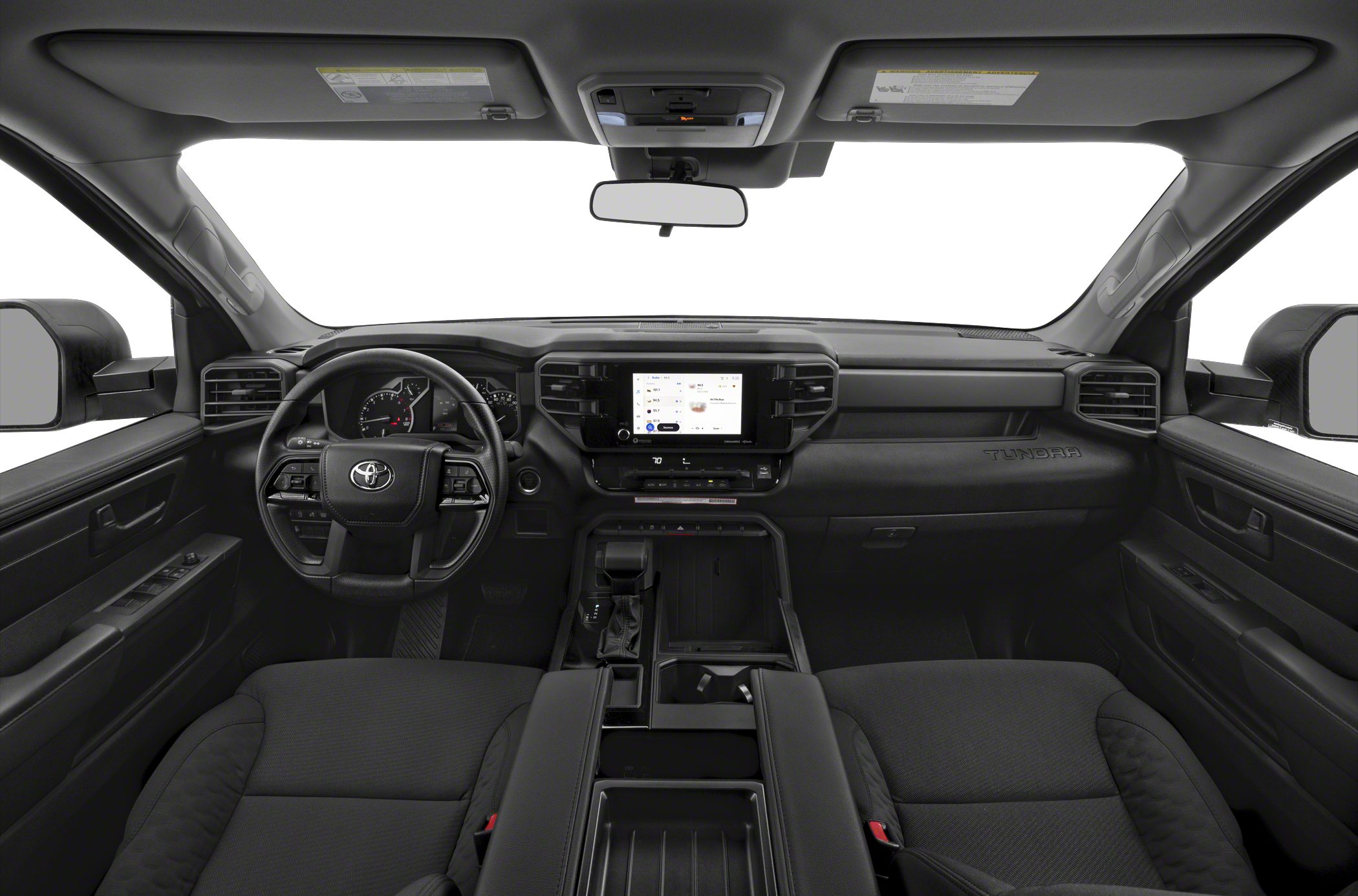 Black interior dashboard with touchscreen and double cab seating