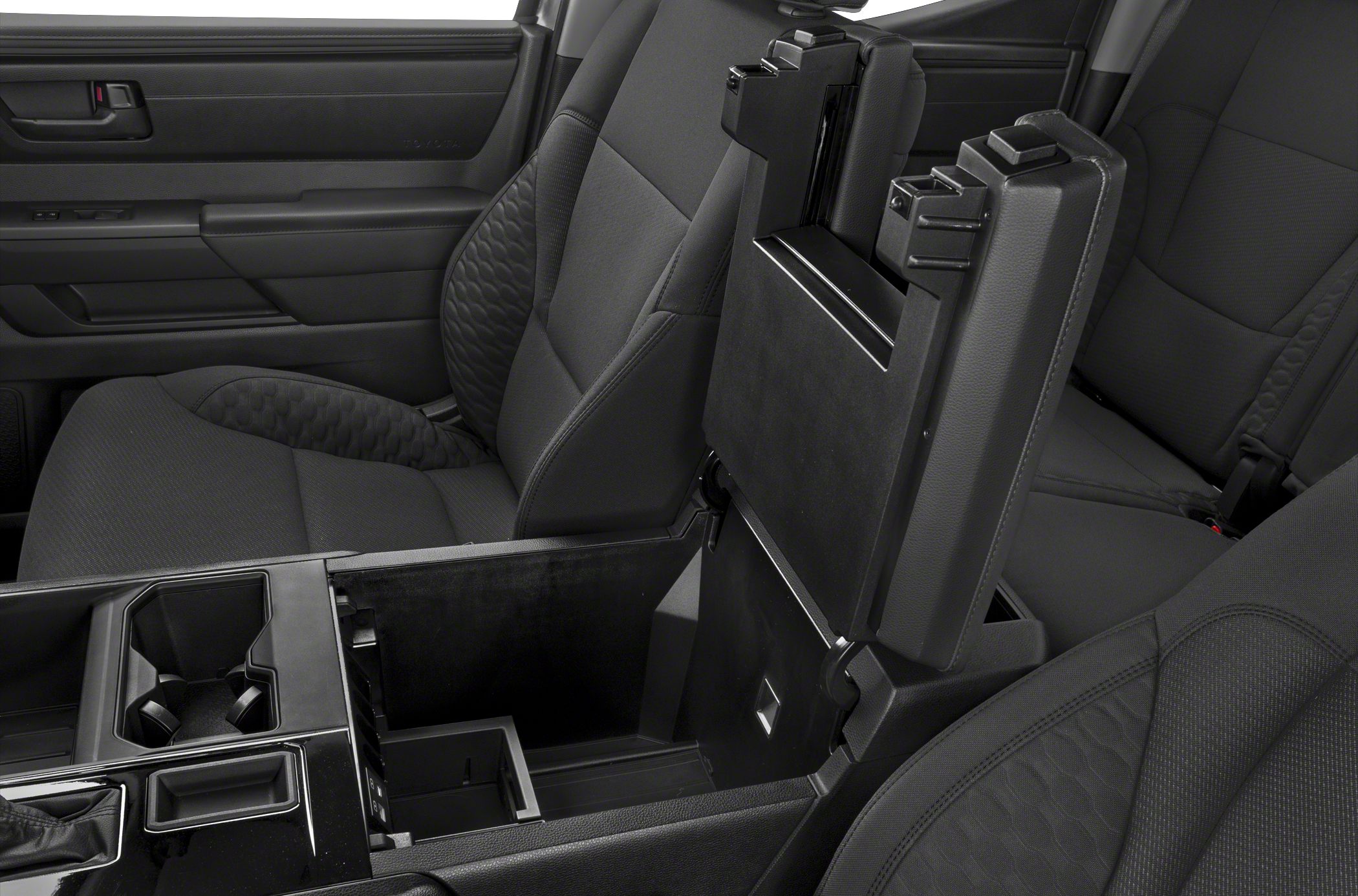 Center console storage and black fabric seats interior design