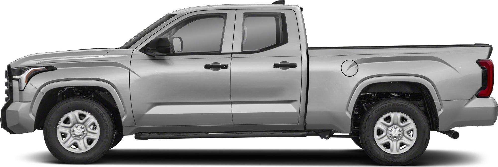 Side profile of a double cab pickup with standard bed in silver