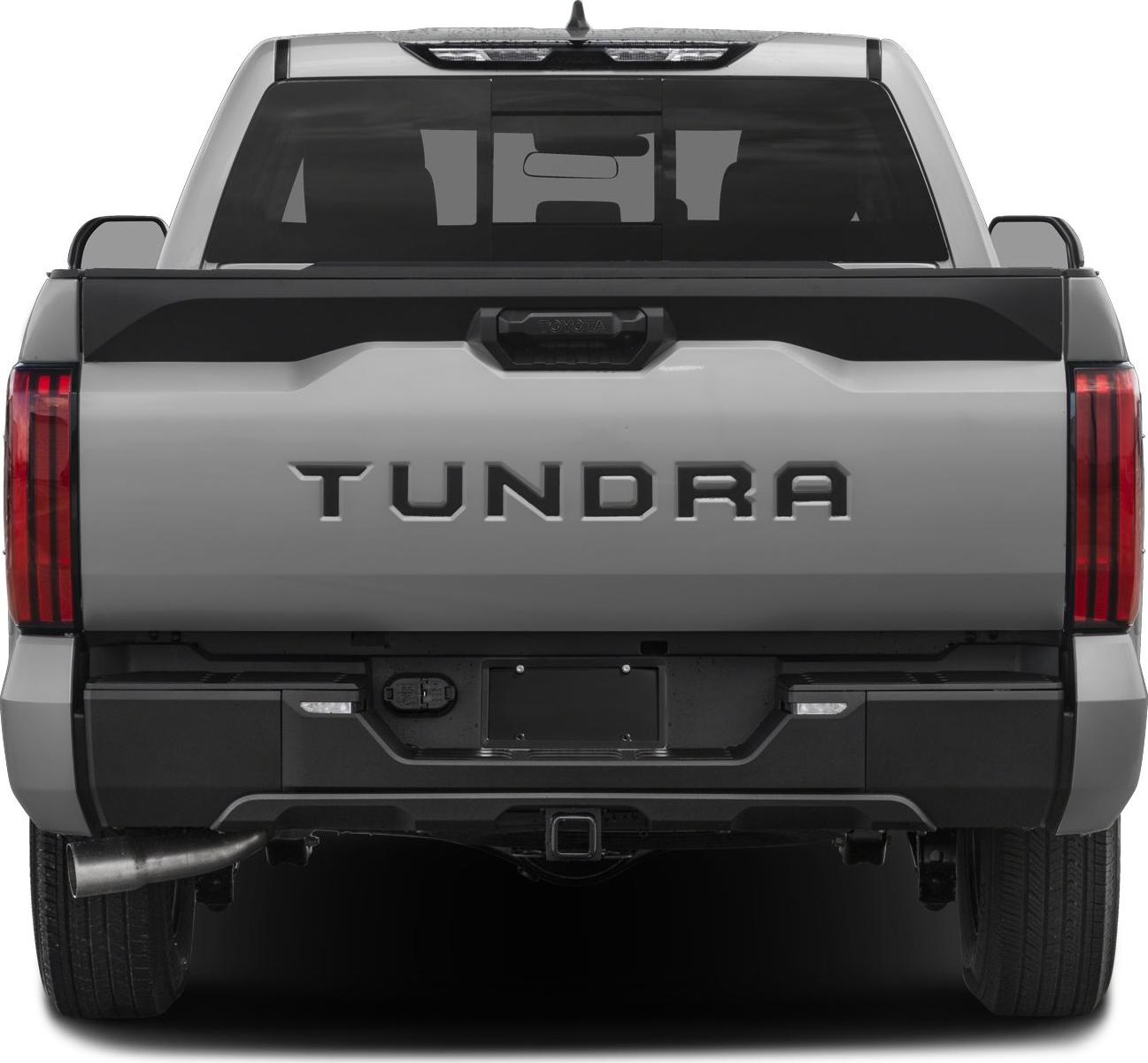 Rear view of pickup truck with prominent tailgate and taillights
