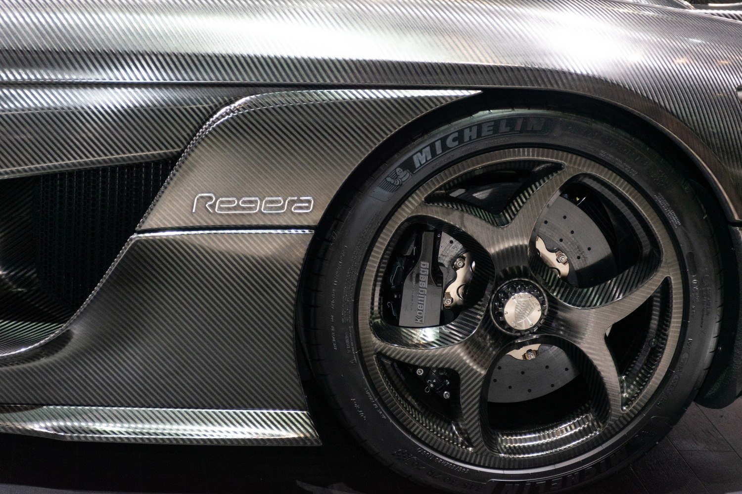 Carbon fiber wheel and side panel with Michelin tire and brake caliper