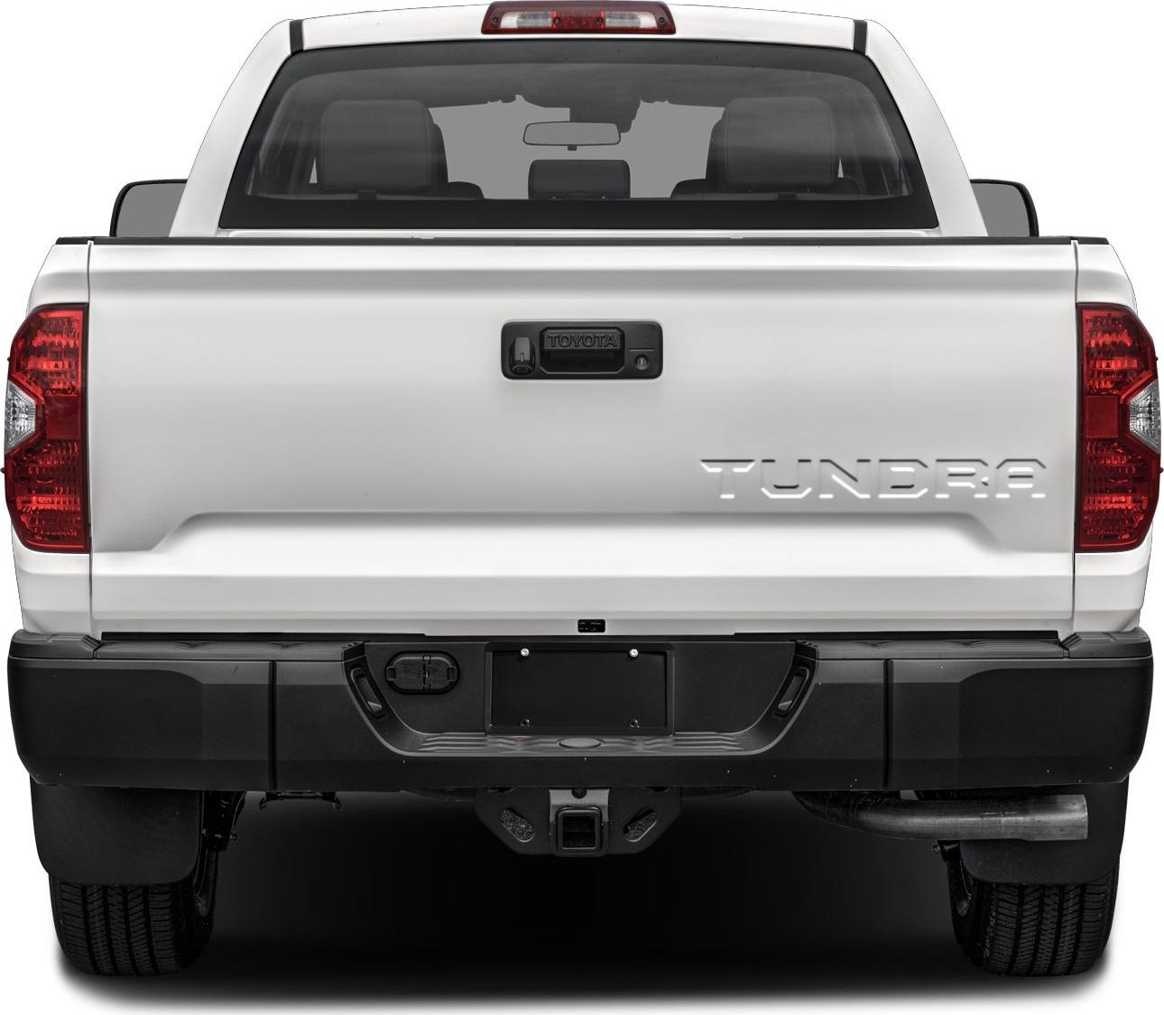 Rear view of pickup tailgate, tail lights, and towing hitch