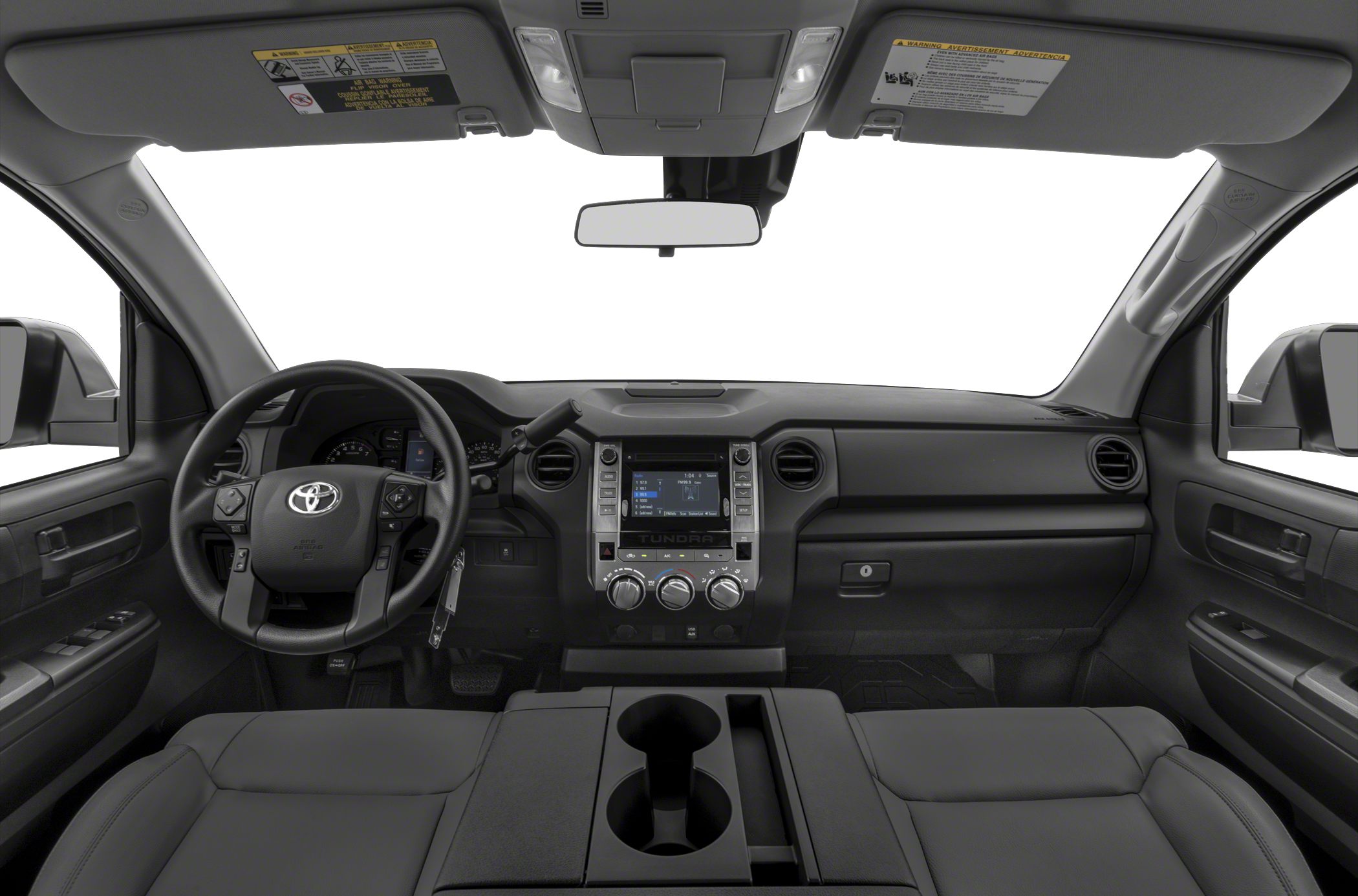 Steering wheel, dashboard, center console with cup holders.