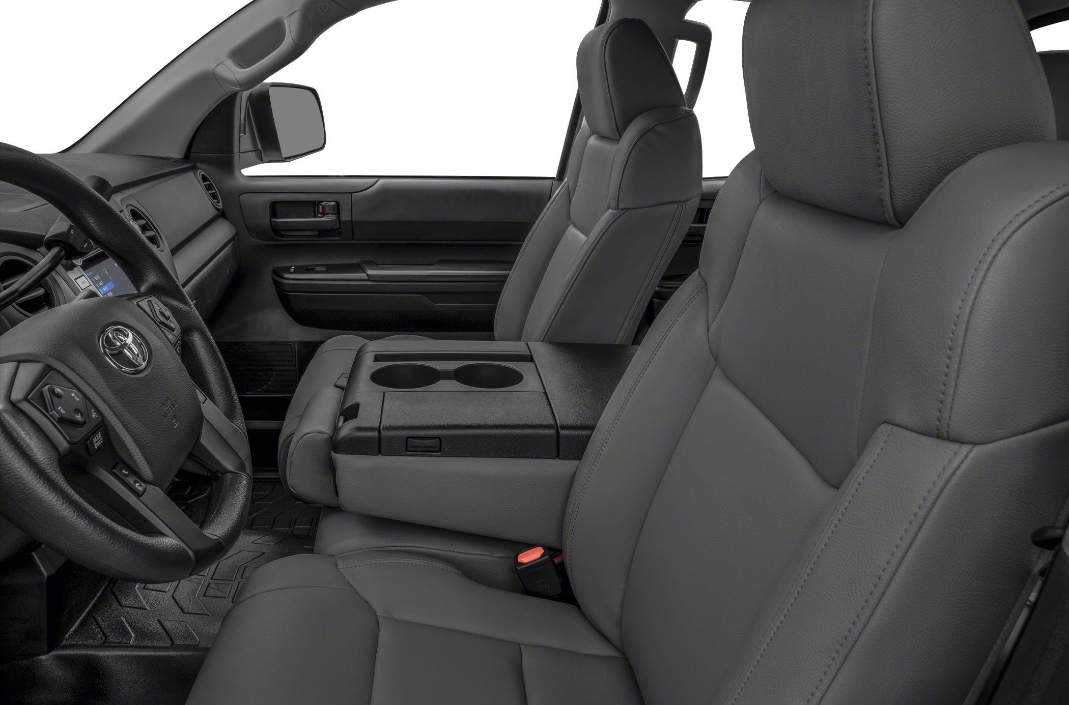 Front leather seats with center console and cup holders in a truck interior