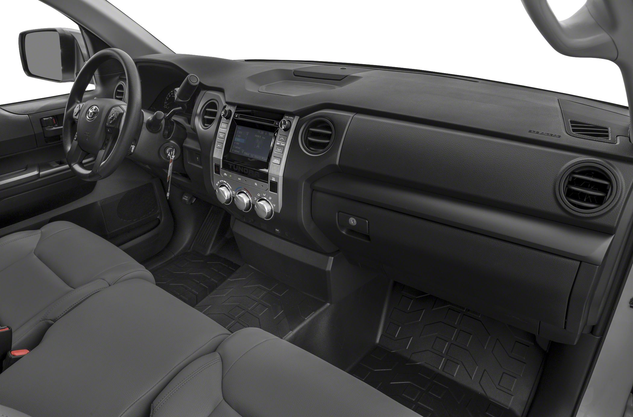 Dashboard layout and front bench seating with control knobs and vents