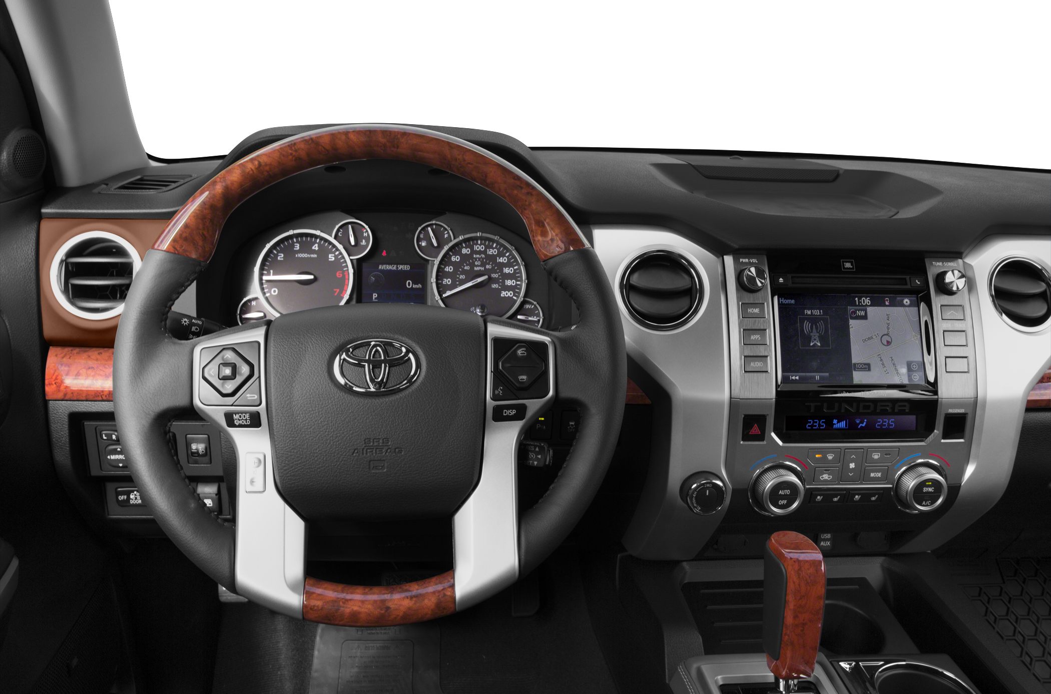 Dashboard and wood trim steering wheel with infotainment system and controls
