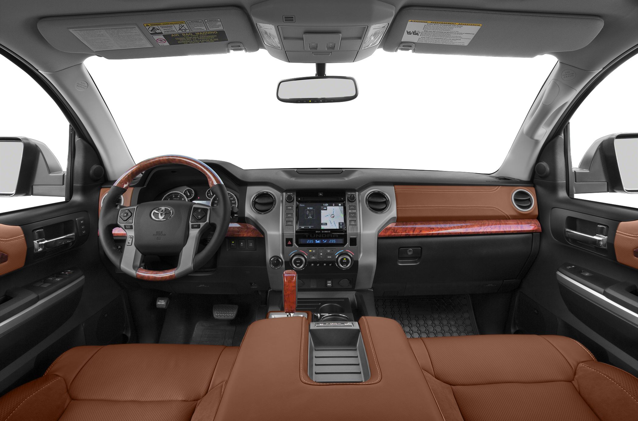 Dashboard with wood-trim steering wheel and leather seating