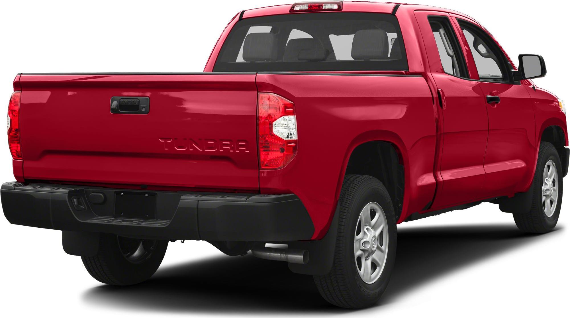Red pickup with double cab and long bed, side and rear view, black bumper