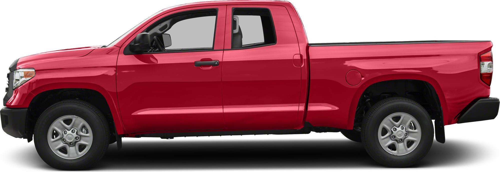 Red extended double cab pickup with long bed and large wheels