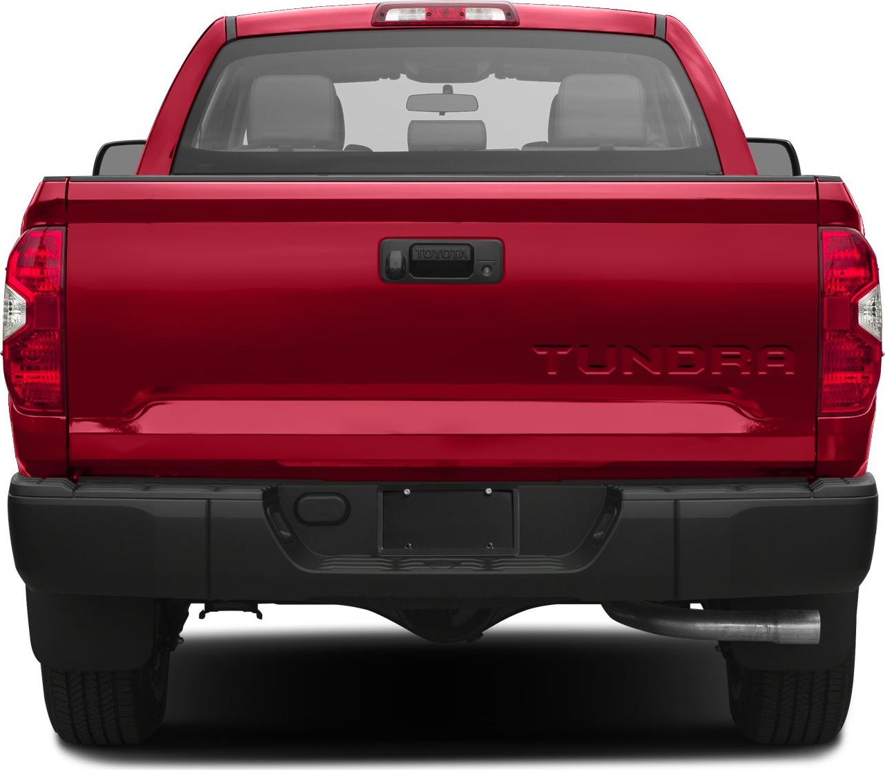 Red pickup rear with embossed TUNDRATA tailgate and black bumper