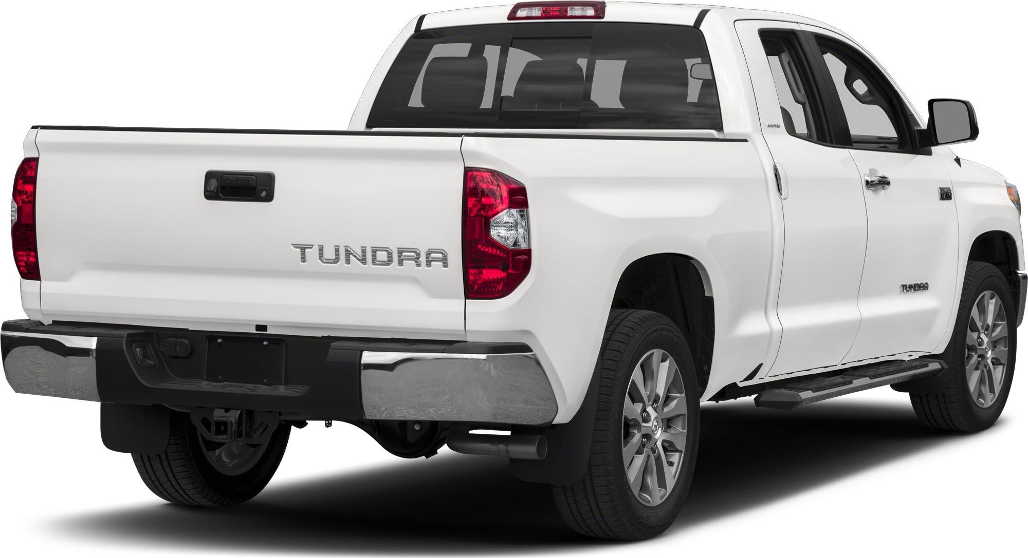 Rear and side profile of a double cab pickup truck with extended bed and prominent tailgate.
