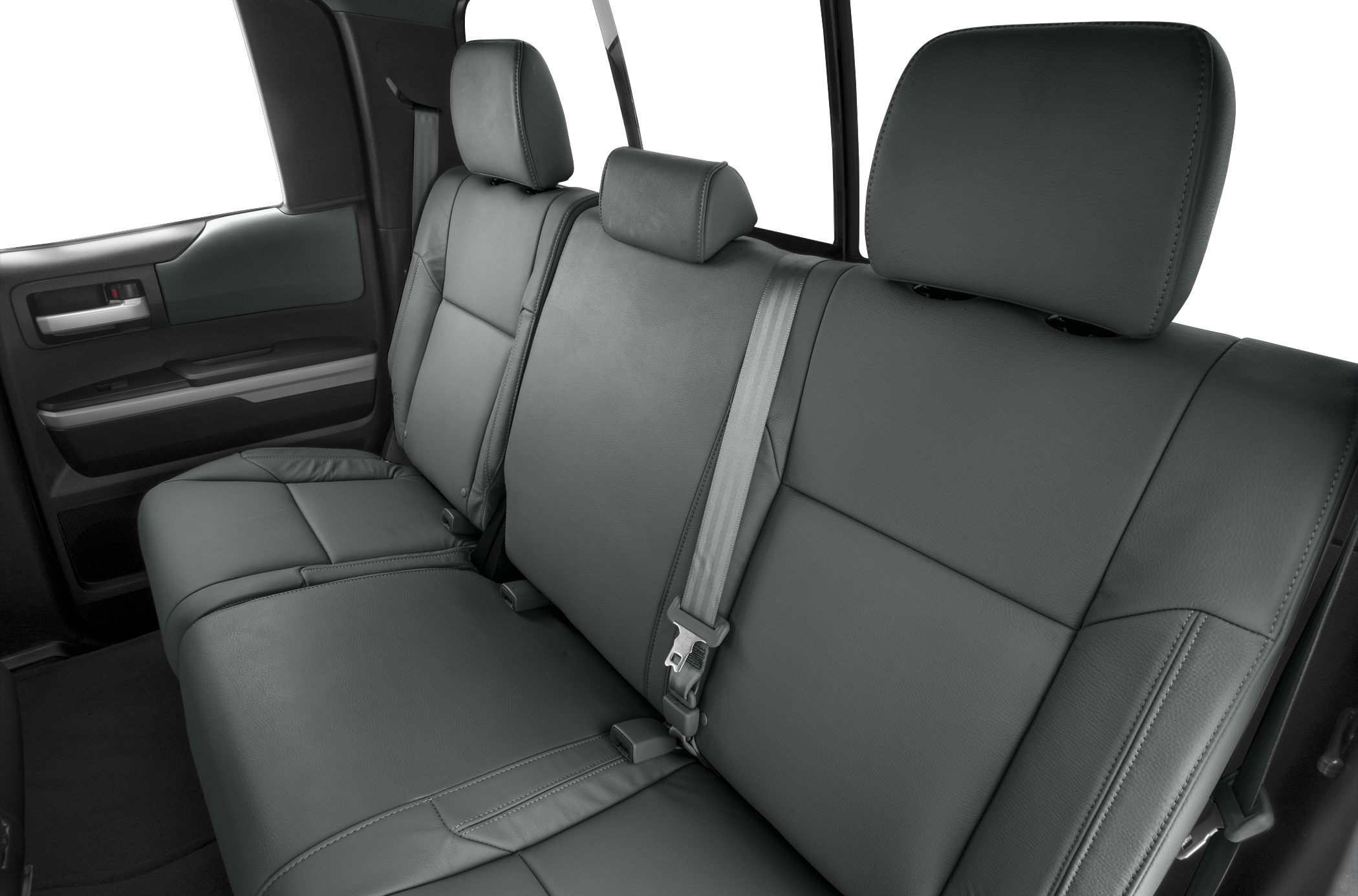Leather rear seats with headrests and seatbelt in double cab pickup.