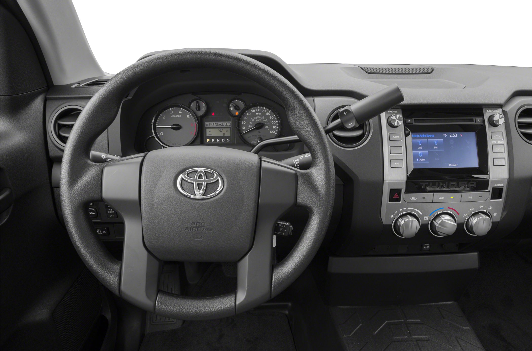 Dashboard and steering wheel interior with instrument cluster and central display