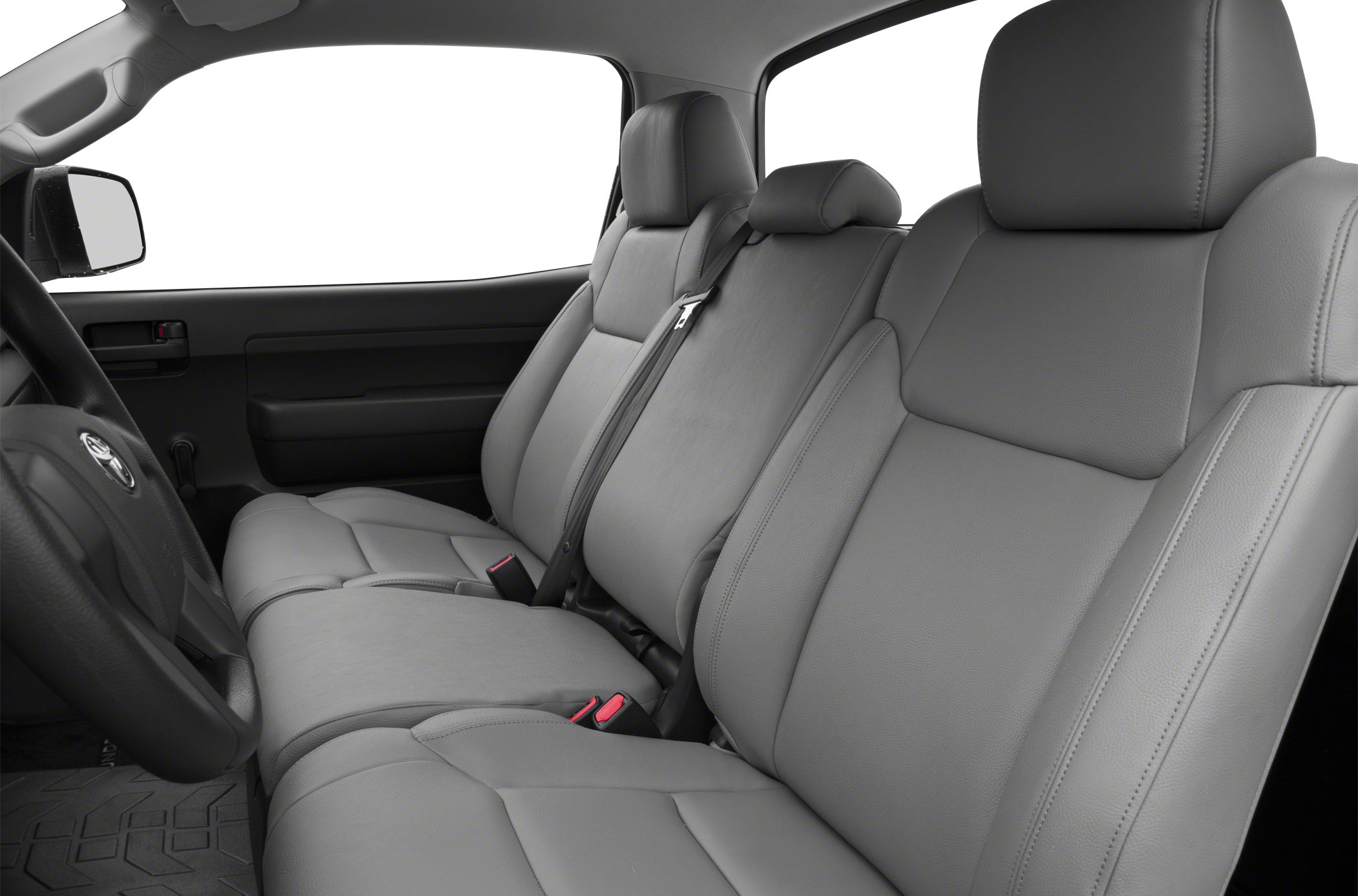 Gray leather front bench seats with seatbelt in truck cabin