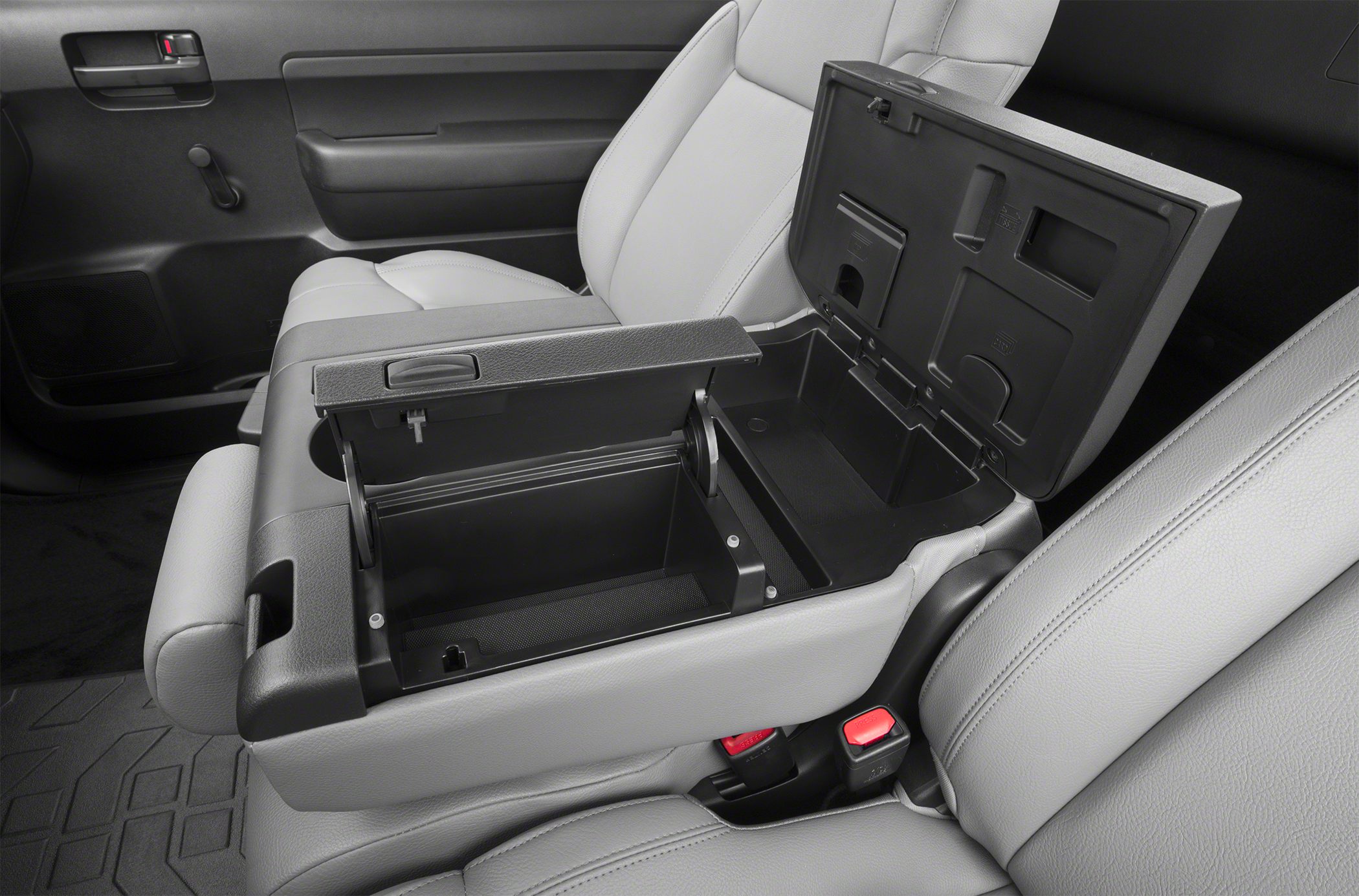 Open dual-lid center console storage in vehicle interior
