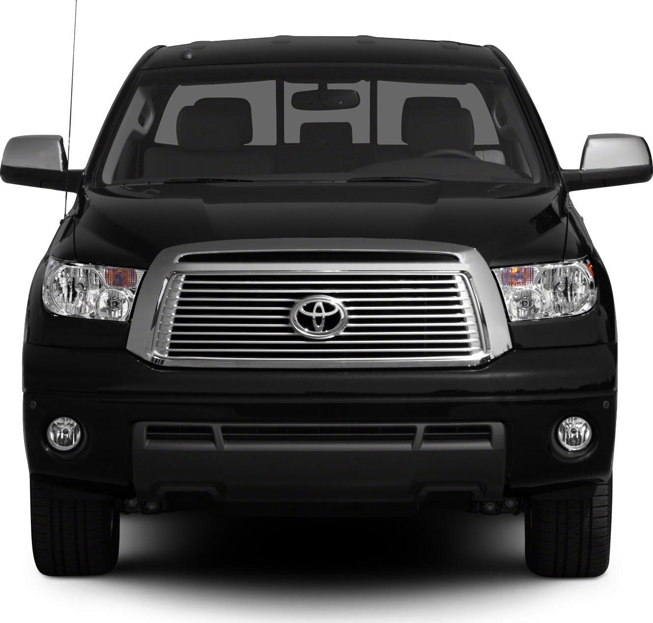 Front view of a pickup truck with prominent grille and headlights