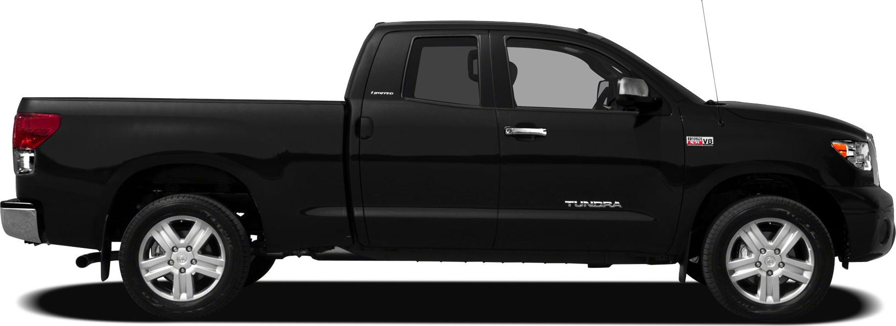 Side view of a double cab pickup with long bed and V8 engine