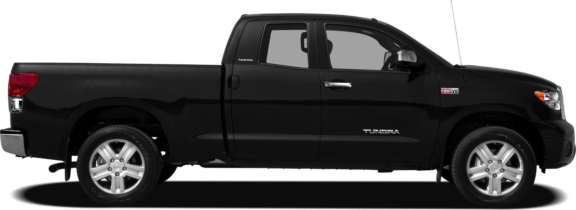 Side profile of a black double cab pickup truck with extended bed and alloy wheels.