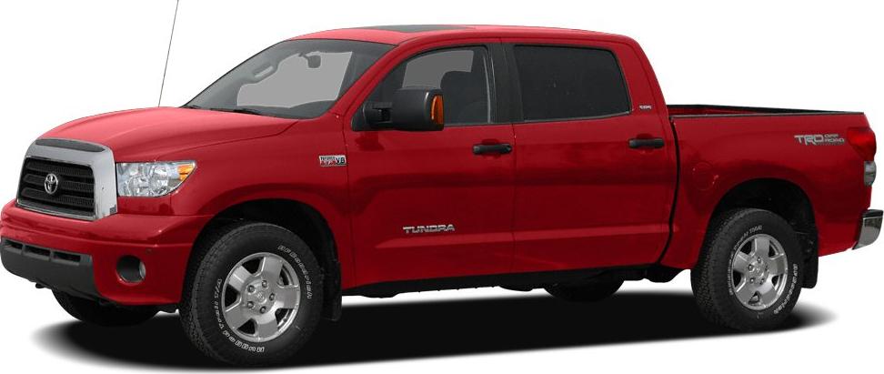 Side profile of red pickup truck with crew cab and V8 engine badge