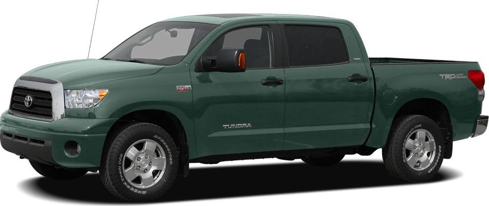 Side view of a green pickup truck with CrewMax extended cab and TRD Off-Road decal