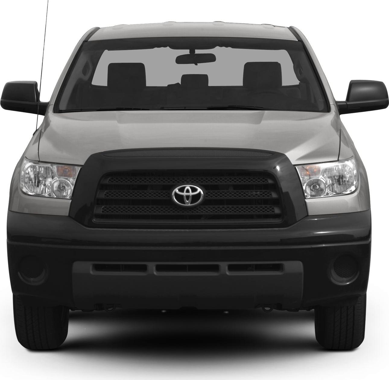 Front view of robust pickup grille and headlights