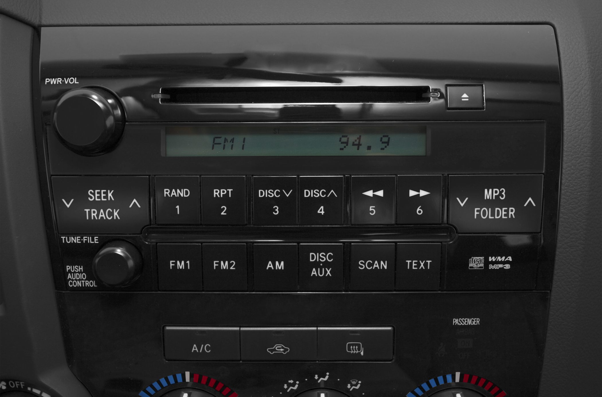Factory car audio system with radio, CD player, MP3, and dashboard controls