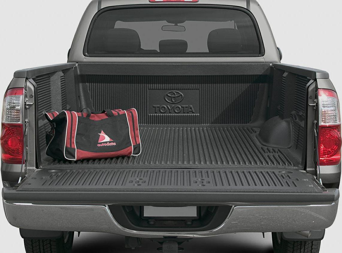 Open truck bed with protective liner and a bag inside