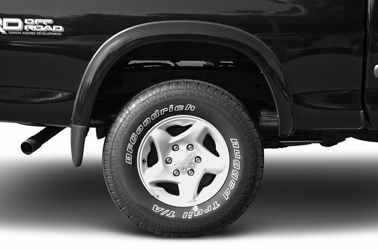 Close-up of off-road tire and wheel with fender flare on pickup truck