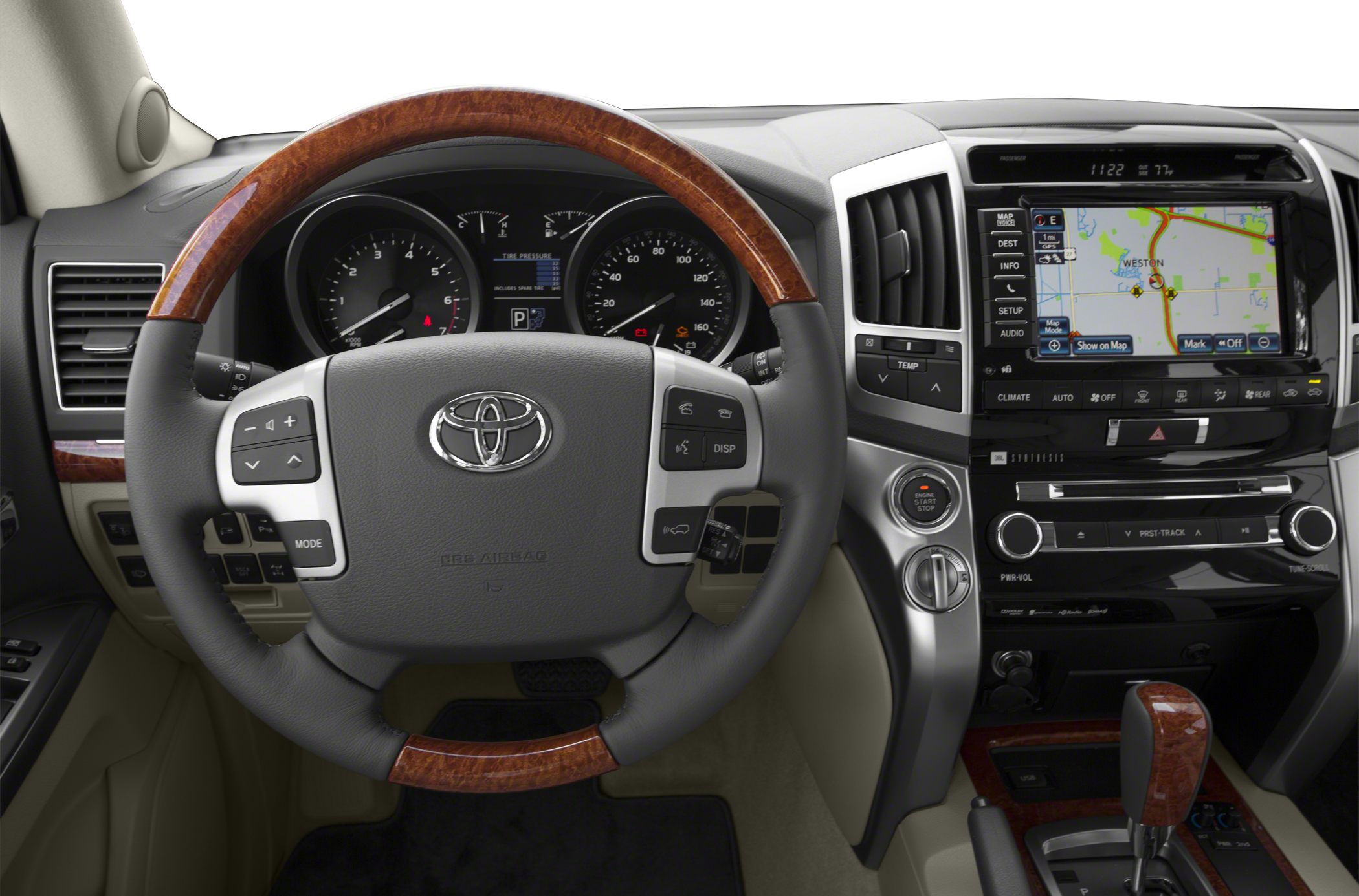 Wood trim steering wheel and navigation system interior