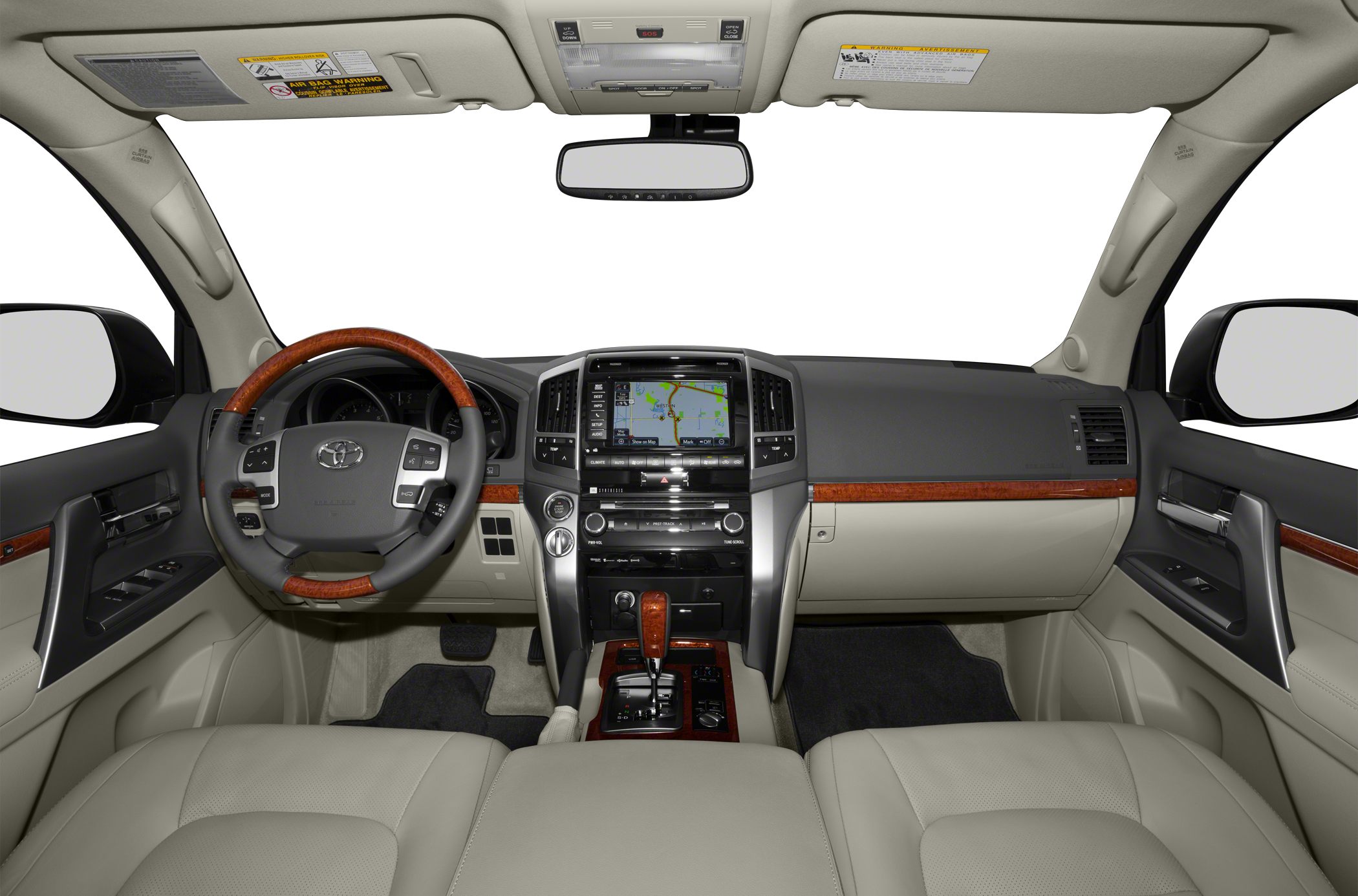 Leather seats, wood-trimmed steering wheel, dashboard with navigation screen