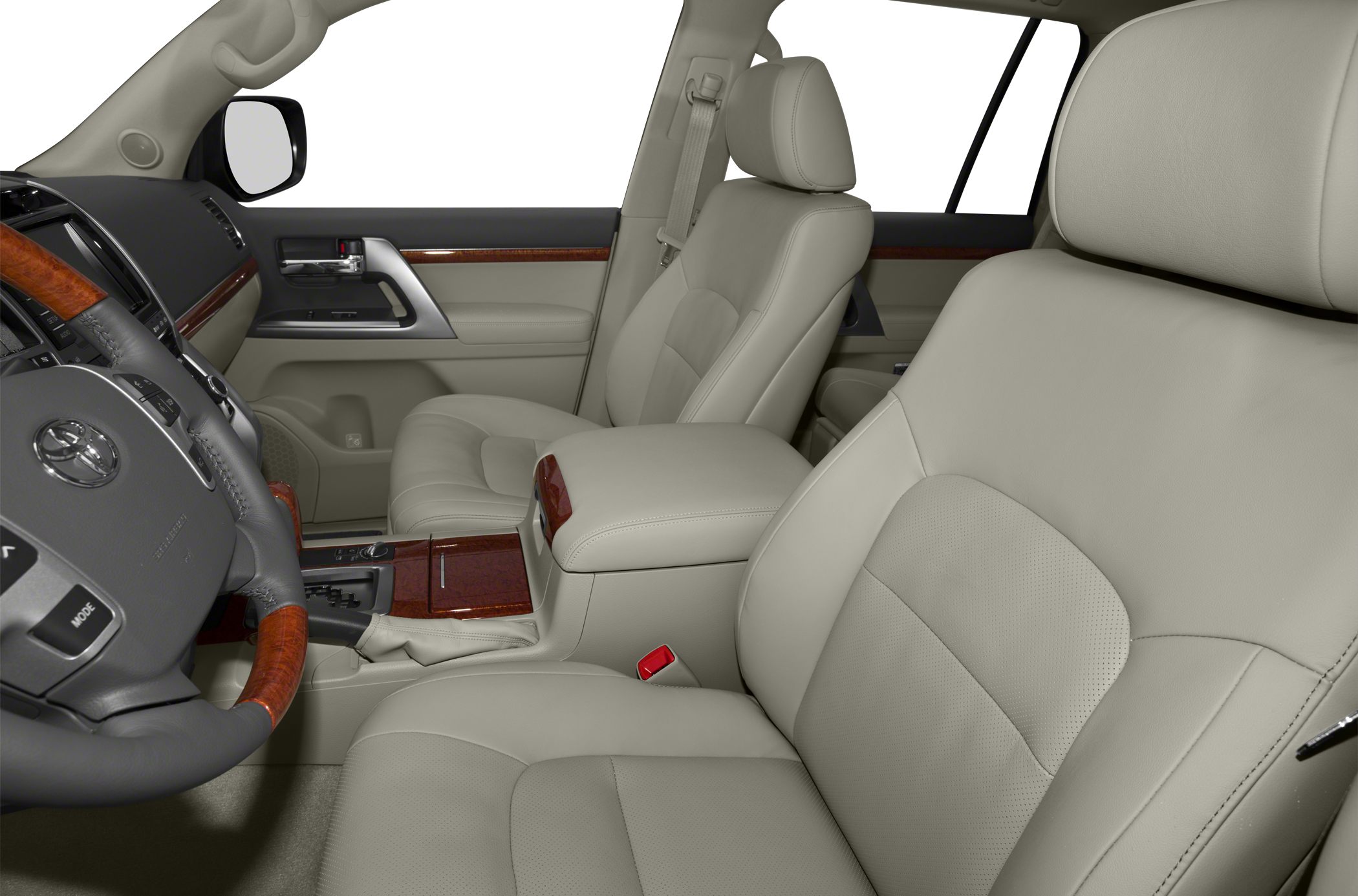 Beige leather seats and wood trim steering wheel