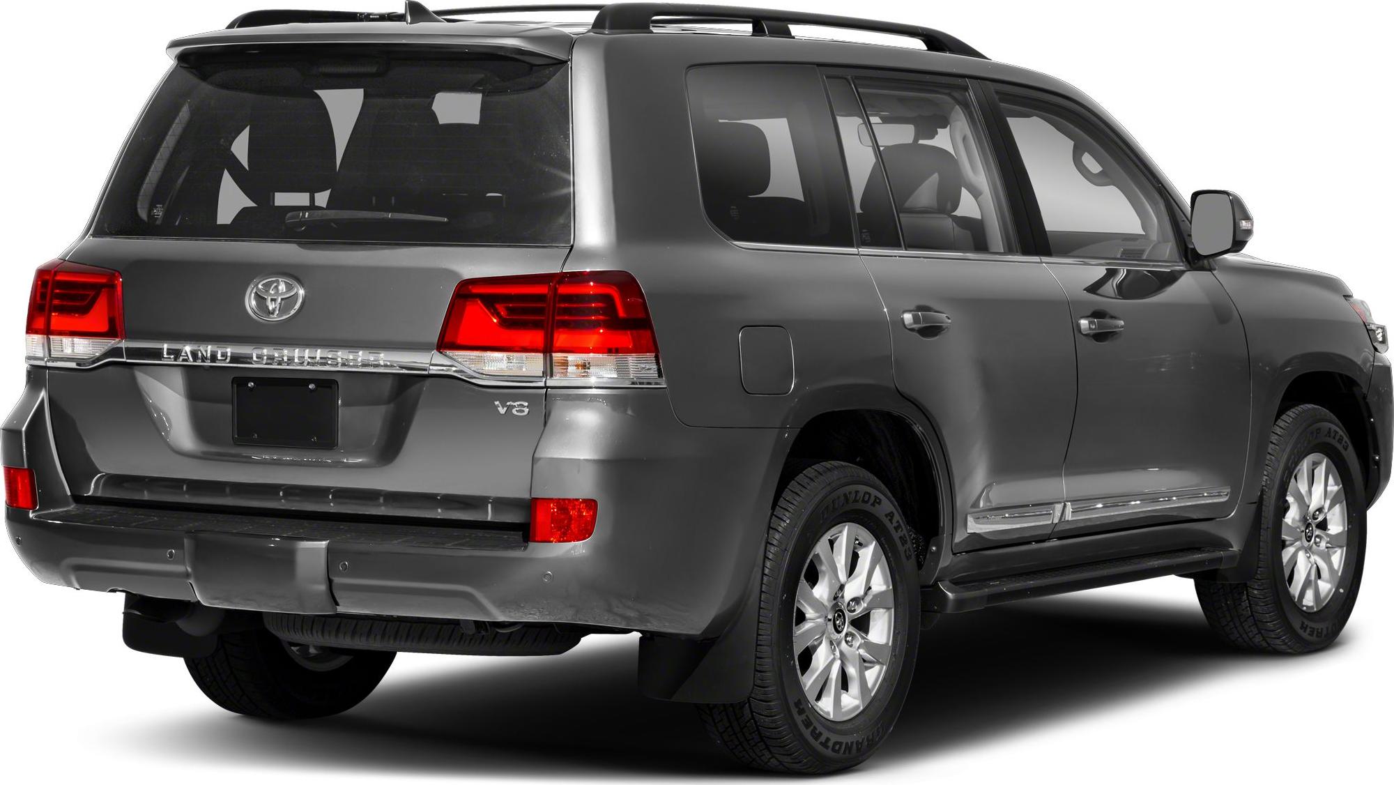 Large SUV rear with V8 badge, prominent tail lights, roof rails