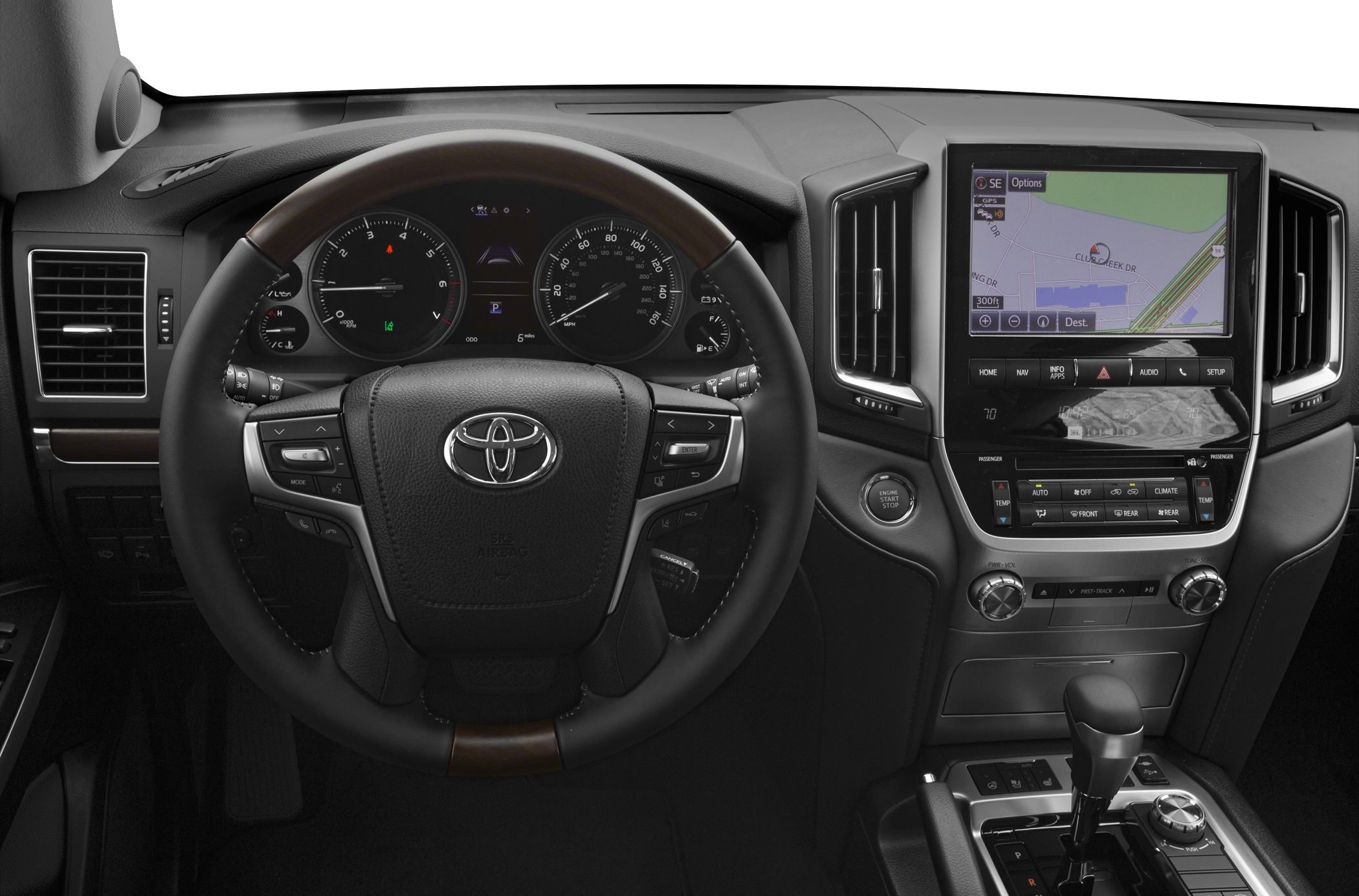 Dashboard with navigation screen and multifunction steering wheel
